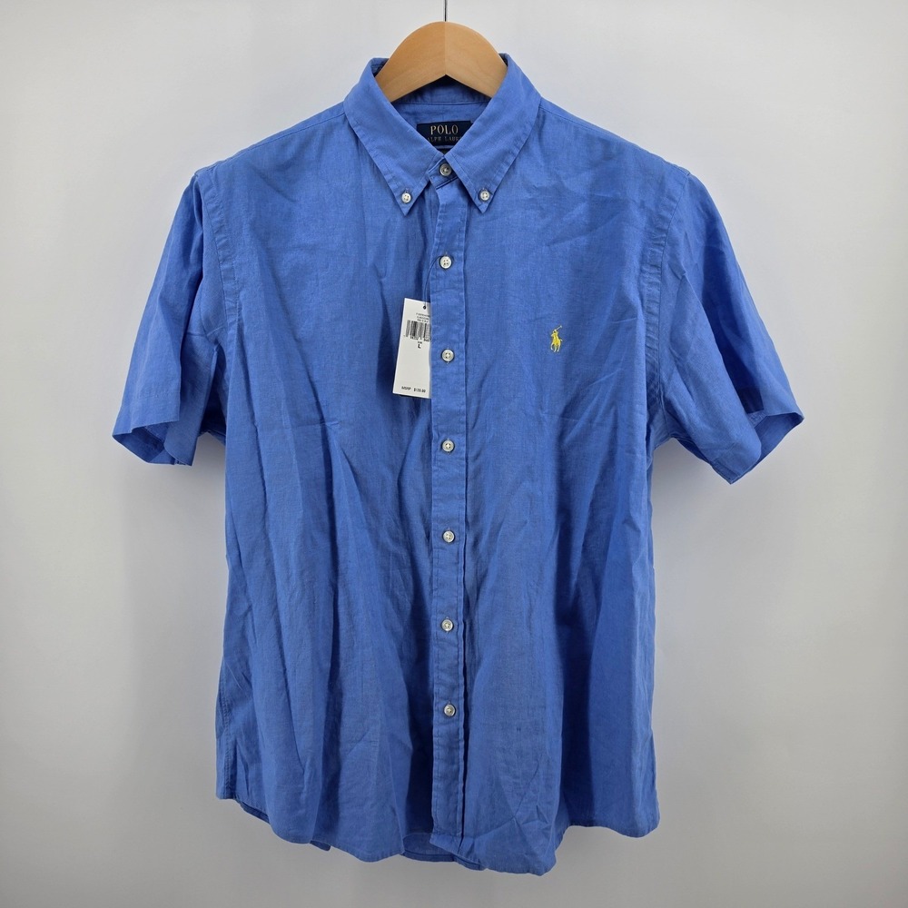 Polo Ralph Lauren Mens Blue Linen Cotton Short Sleeve Button Down Shirt LG NWT